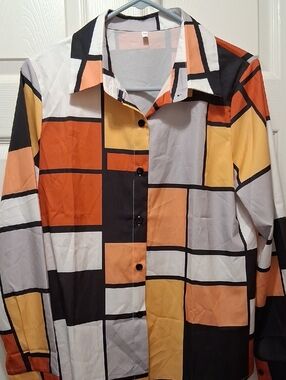 Geometric Colorblock Button-Up Shirt in Orange, Yellow, Black, White